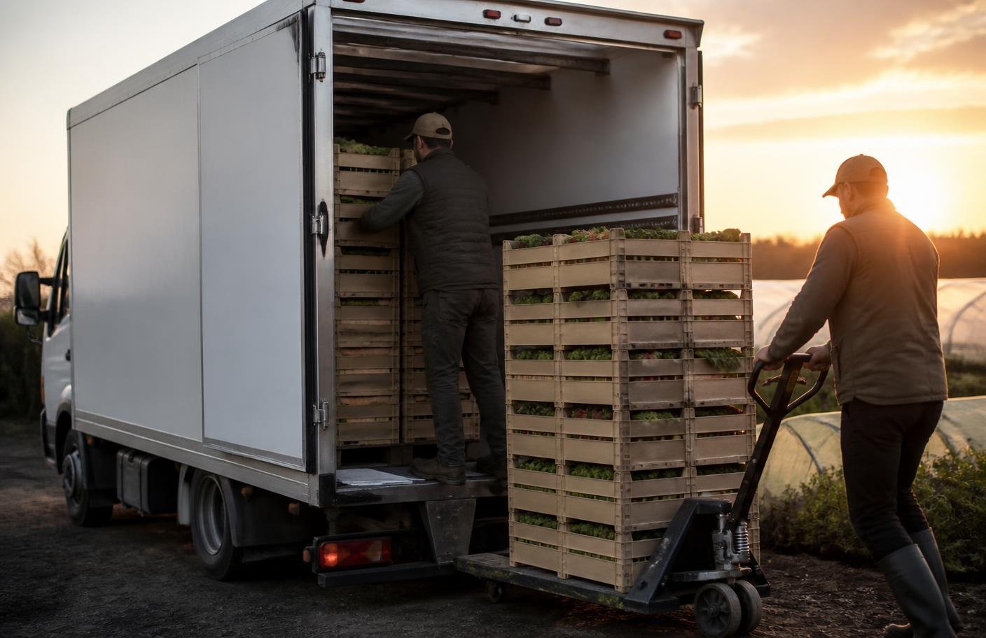 Caixas de hortifruti sendo carregadas em um caminhão de entrega